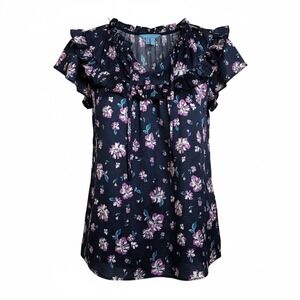 Draper James Navy Floral Ruffle‎ Neck Tie Blouse Women's Size L Romantic